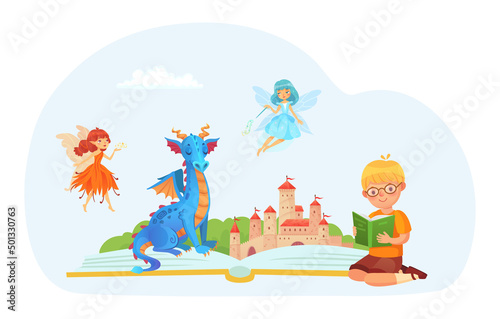 Little kid read book about dragons and fairies