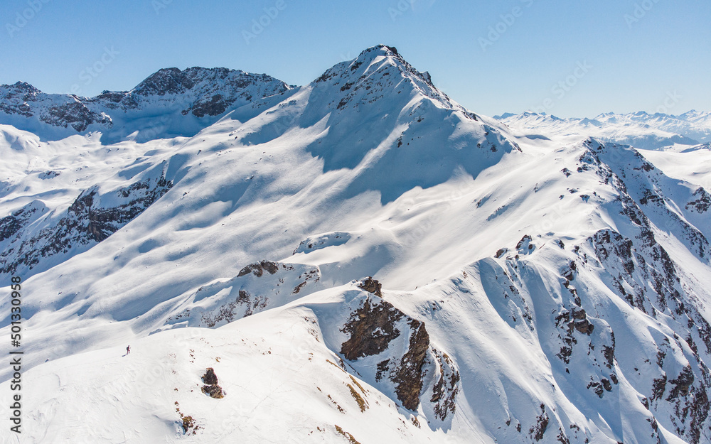 Hiking in Swiss Alps in winter