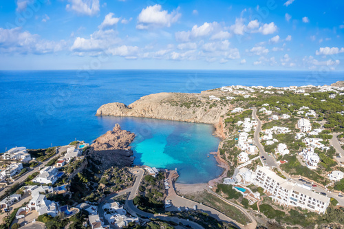 Landscape with aerial view of Cala Morell, Menorca island, Spain