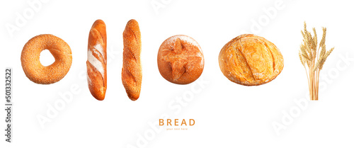 Various types of bread, ears of wheat flying on gray background. Classic wheat round bread, baguette, bun, sesame bagel. Organic Healthy Fresh isolated bread for bakery advertising. Food concept