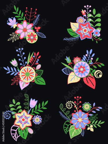 Set of vector flower arrangements in doodle style on a black background. Cute stylized flowers for decor, banners, compositions, cards, etc.