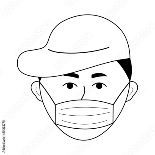 Boy face in a cap with medical mask. Avatar of young man in doodle style.