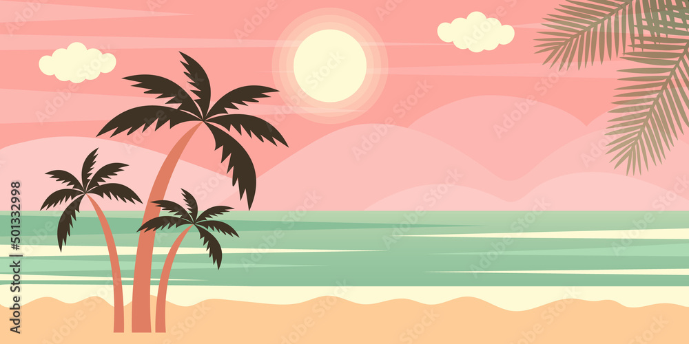 Horizontal seascape with palms and mountains. Tropical summer landscape. Vector illustration.
