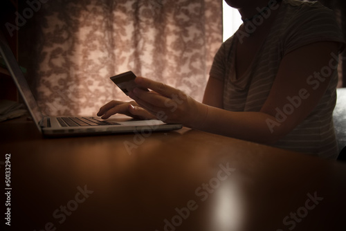 Female hands are working on a laptop and a bank card, soft focus and toning