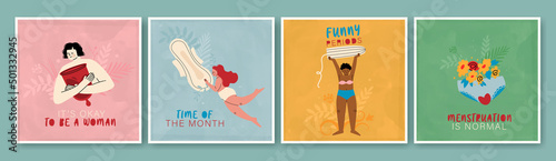 Set of cute postcards about menstruation. Menstruation is normal. It's okay to be a woman. Funny periods. Time of the month. Vector. photo