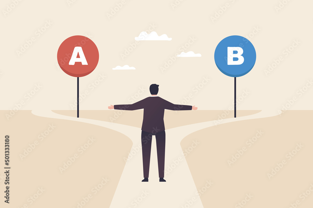 © yellow_man - Businessman thinking, decision making, difficult choice, choose between two options, considering alternative, career strategy, questionnaire or survey. Cross roads with plan A plan B road signs.