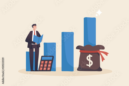 Income growth chart, financial report graph, return on investment  budget planning, mutual fund. Businessman calculates income from investments.