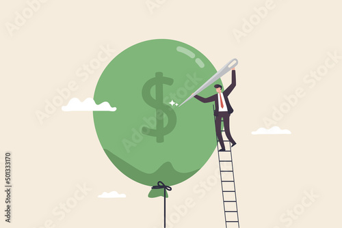 Financial Crisis, Increased inflation, devaluation concept. stop the inflation crisis raise interest rates. Businessman stabbing a financial bubble with a needle.