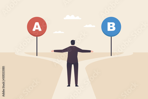 Businessman thinking, decision making, difficult choice, choose between two options, considering alternative, career strategy, questionnaire or survey. Cross roads with plan A plan B road signs.