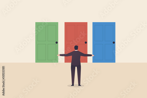 Businessman thinking, decision making, difficult choice, choose between two options, considering alternative, career strategy.  Businessman standing in front of opened doors and making decision
