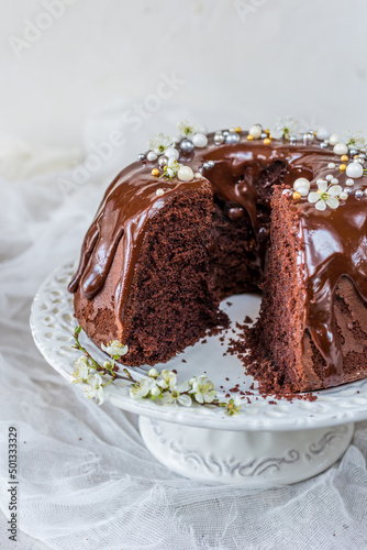 Chocolate bundt cake with chocolate frosting