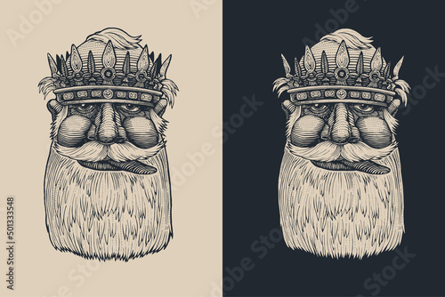 Drunk King Shows Tongue.  engraved style. vector illustration