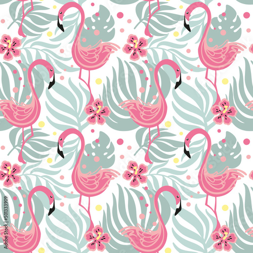 Flamingos in tropical forest. Exotic plants. Summer print. Seamless pattern. Vector.