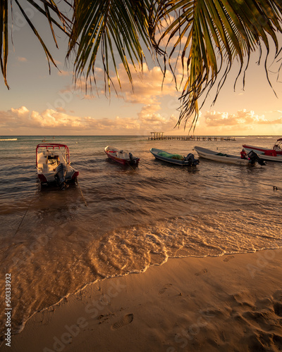 Boats on the beach in Mexico during sunset