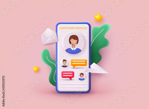 Call center, online customer support. Contact Us Customer Service For Personal Assistant Service, Person Advisor and Social Media Network. 3D Web Vector Illustrations.