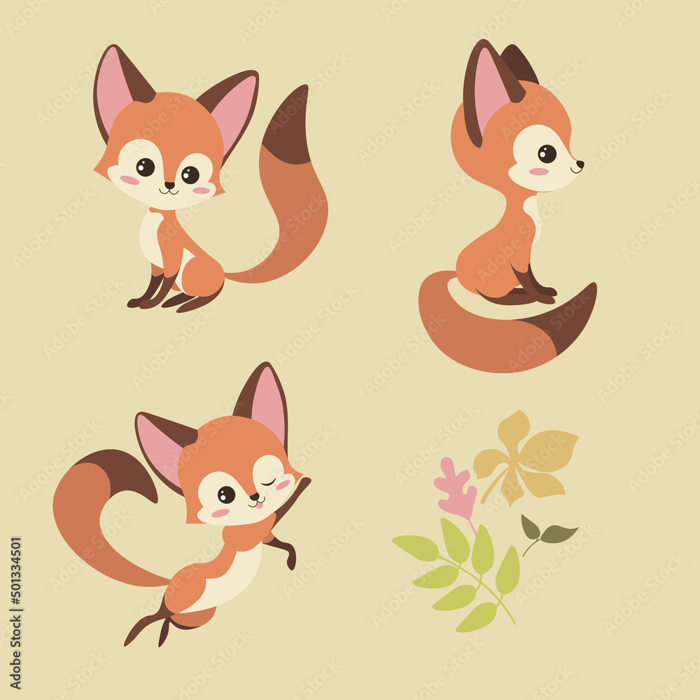 Set of beautiful character foxes on yellow background. Vector illustration charming animals in different poses front and side view, in a jump and leafage near in cartoon style. Set of beautiful character foxes on yellow background. Vector illustration charming animals in different poses front and side view, in a jump and leafage near in cartoon style.