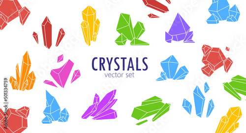 Set of varicoloured crystals on white background. Vector illustration magic crystalline or gems for decoration in cartoon style.