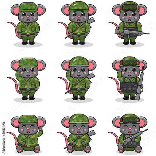 Vector illustrations of cute Mouse as Soldier. Cute army set. flat cartoon character design.