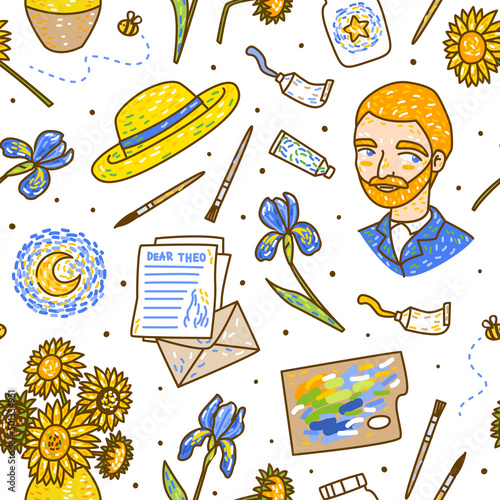 Seamless pattern with cartoon portrait and Van Gogh style elements isolated on white - sunflowers, irises, palette, oil paints, brushes, letters for Your art design