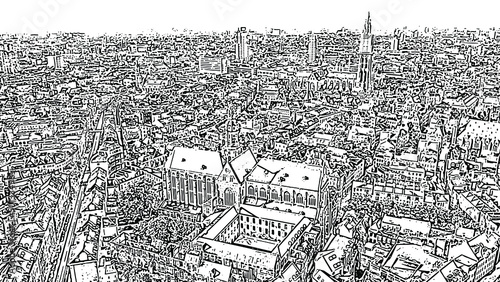 Antwerp, Belgium. St. Paul s Cathedral (Sint-Pauluskerk). Doodle sketch style. Aerial view photo
