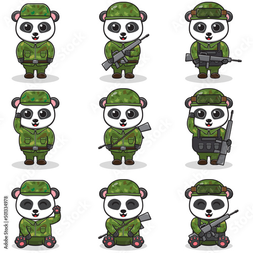 Vector illustrations of cute Panda as Soldier. Cute army set. flat cartoon character design.