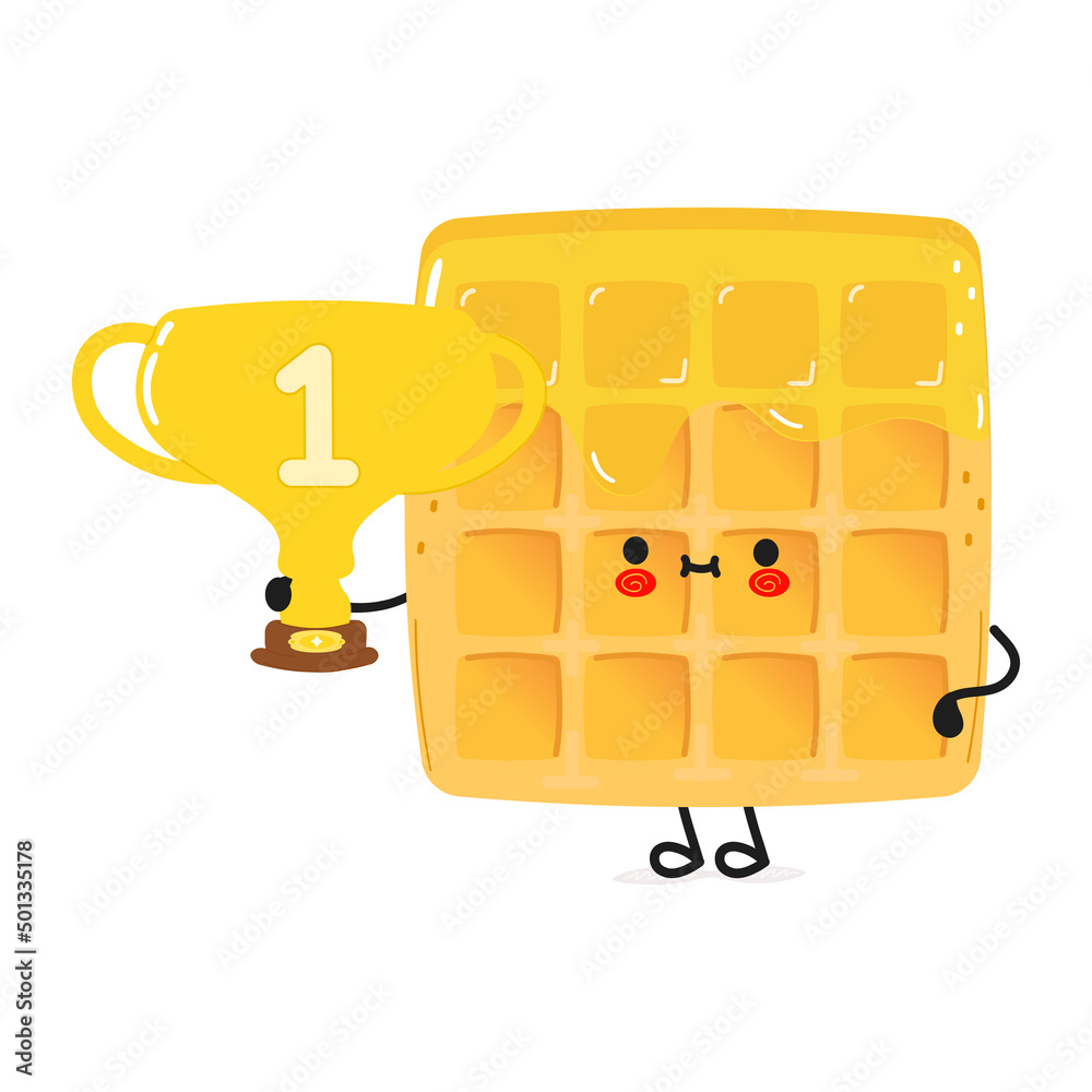 Cute funny wafer hold gold trophy cup. Vector hand drawn cartoon kawaii ...