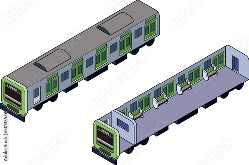 3Dアイソメトリックスタイルの緑の電車と断面のイラスト.