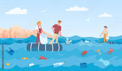 Volunteers cleaning sea, collect trash and plastic