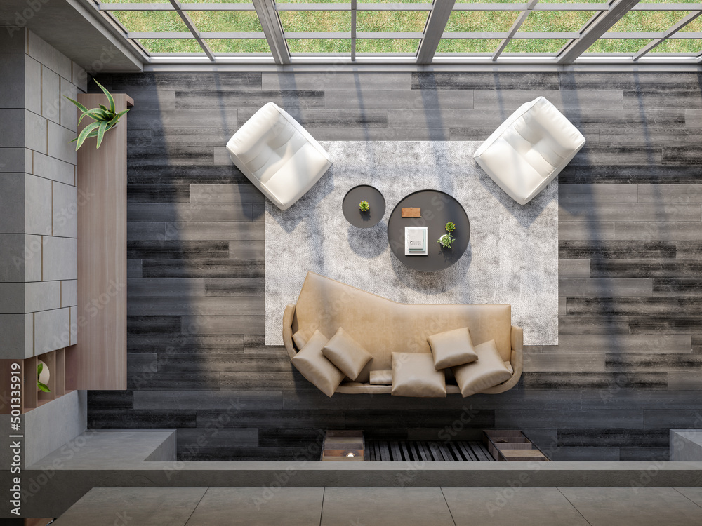 Minimalist Interior of modern living room top view 3D rendering Stock