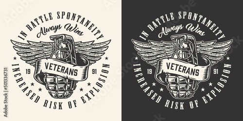Veterans grenade monochrome label vintage