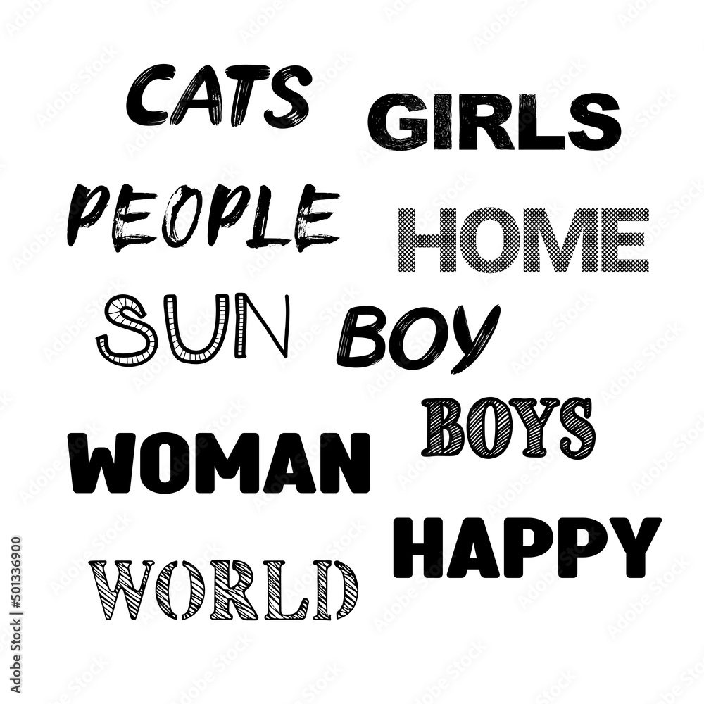 Text with different words: world, people, girls, sun, house, cats,boys, boy, cat, girl,woman,happiness