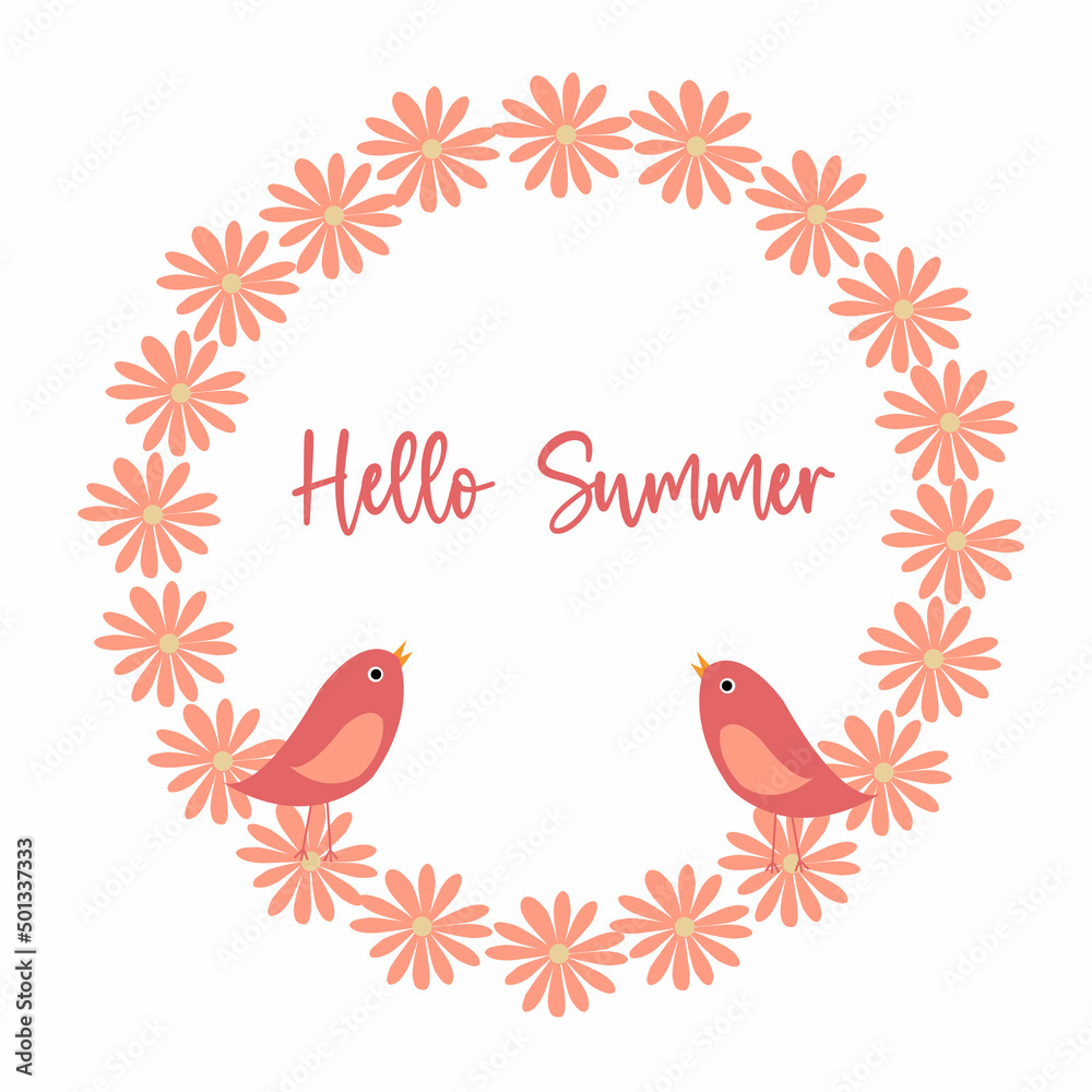 Hello, summer, hand-drawn logo, icon of the icon printing house. Lettering summer season with flowers for a greeting card, invitation template.