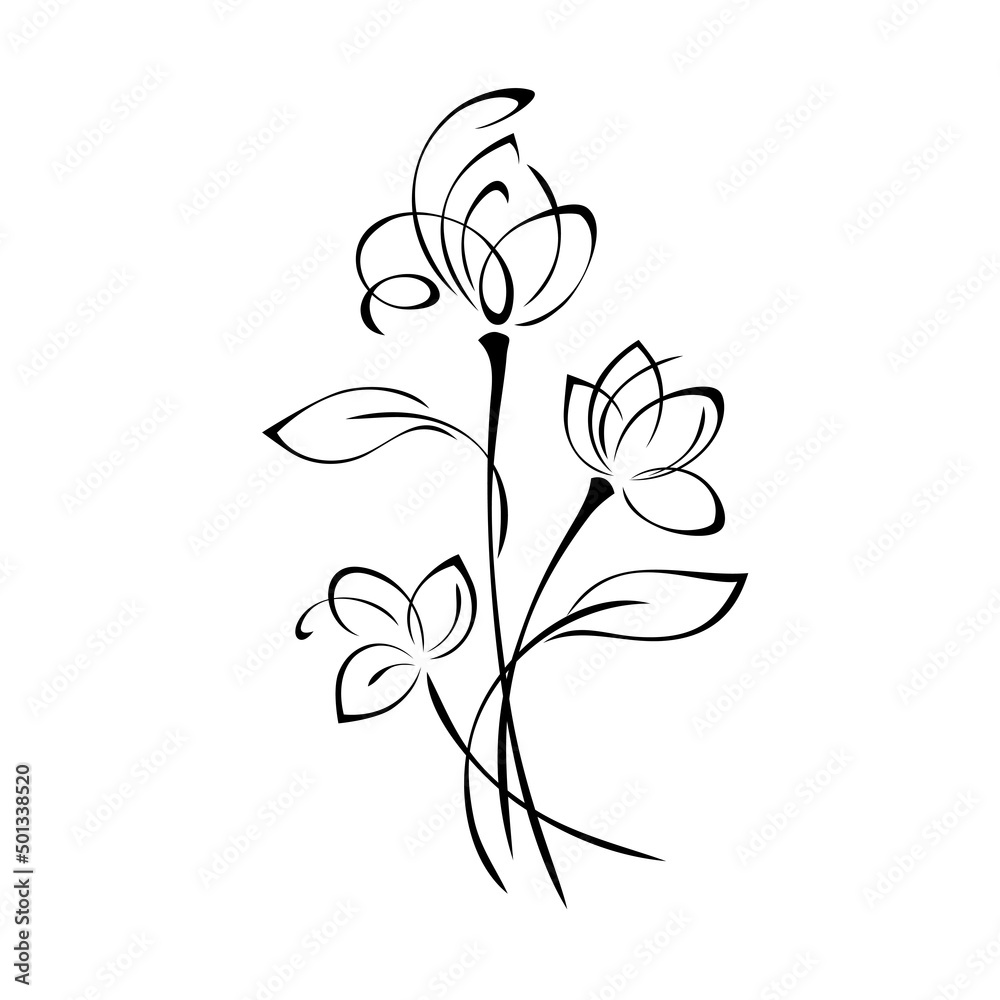 ornament 2291. bouquet of three stylized flowers on stems with leaves in black lines on a white background