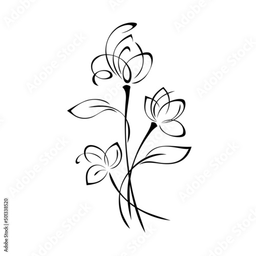 ornament 2291. bouquet of three stylized flowers on stems with leaves in black lines on a white background