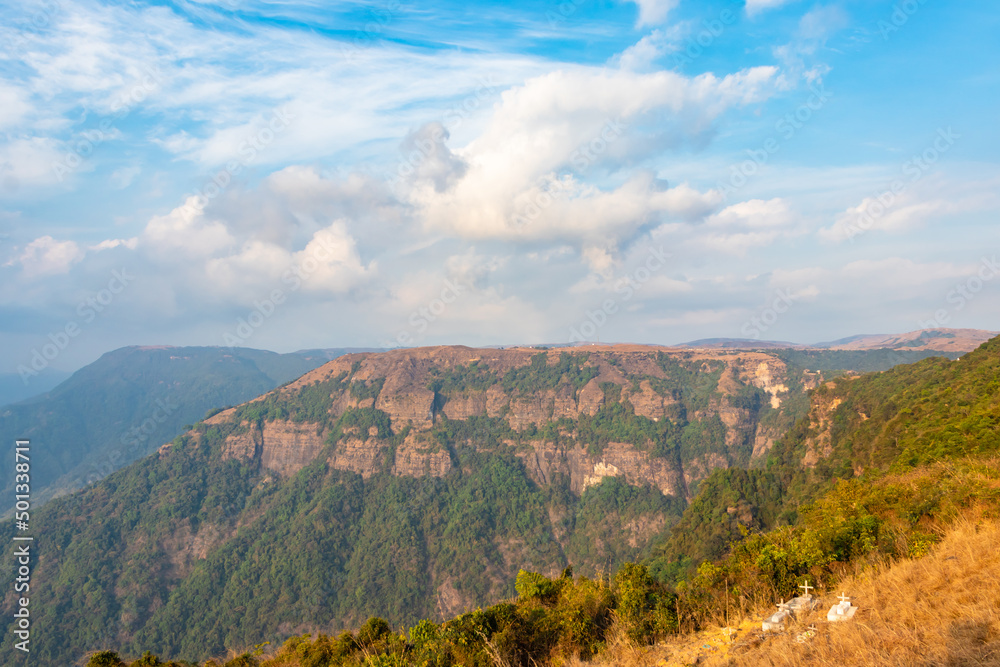 Fototapeta premium mountain with bright blue sky at morning from flat angle