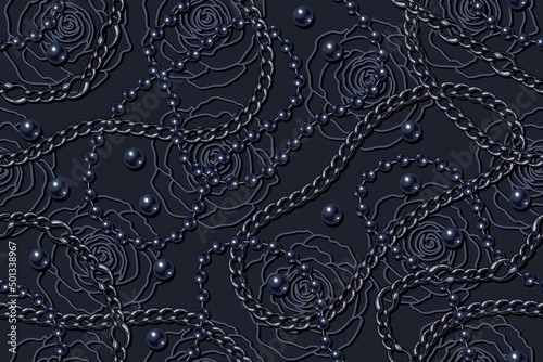 Seamless low contrast blue pattern with pearl beads, strings of black pearls, stainless chains, linear roses on black background. Wavy lines, classic blue color. Vector illustration