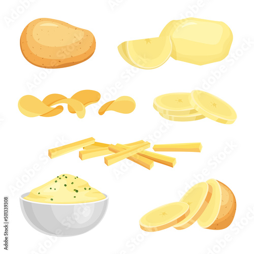 Peeled whole potato, raw sliced potatoes, french fries, chips. Puree bowl or plate. Vector illustration isolated on white background.