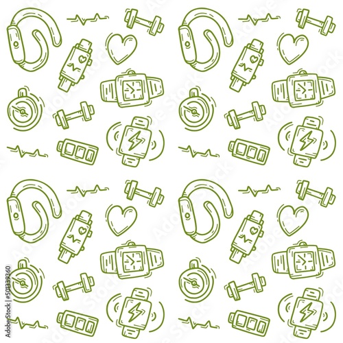 Smartwatch seamless hand drawn pattern, digital watch linear background template, mobile health gadget icons repetitive vector illustration design, repeat doodle style wallpaper