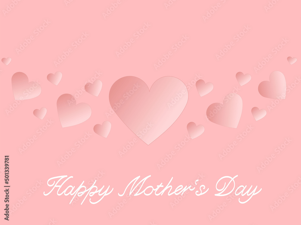 illustration of hearts near happy mothers day lettering on pink.