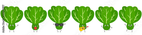 Lettuce leaves green salad cute character cartoon greeting jumping loves sings running smiling face happy joy emotions icon vector illustration.
