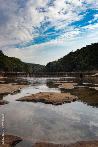 riverbed leading to the forests with bright blue sky water reflection at morning