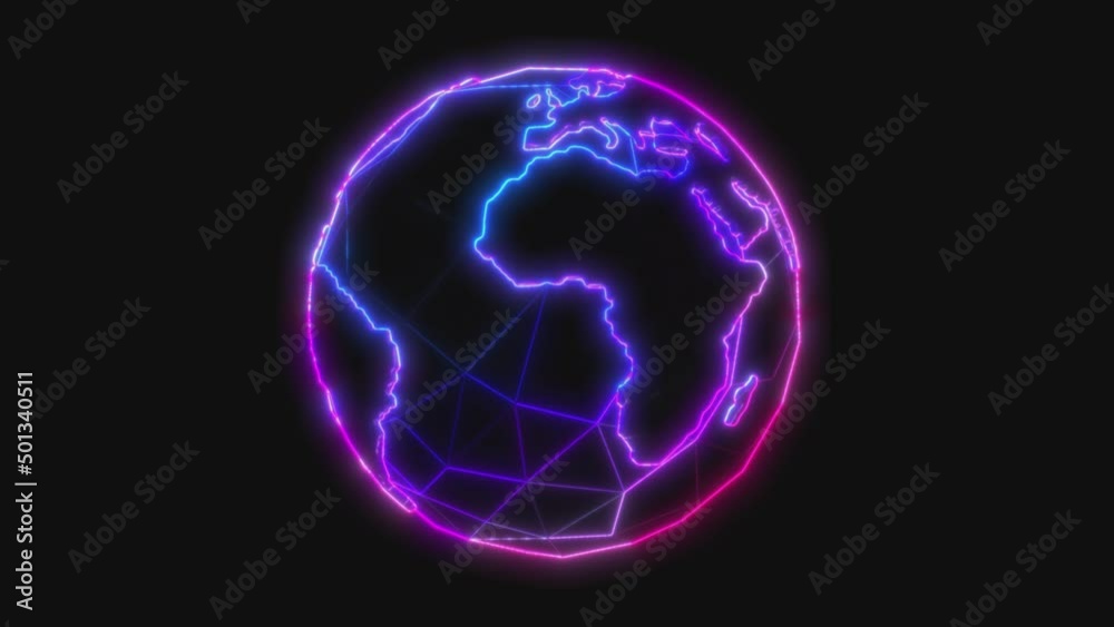 Seamless animation of low poly neon rotating earth globe with black background. Seamless animation of low poly neon rotating earth globe with black background.