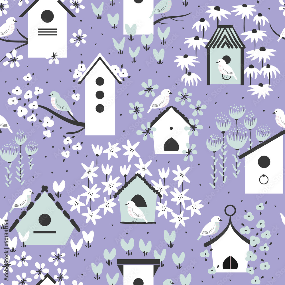 Vector seamless pattern background with birds, birdhouses and bold hand drawn flowers.