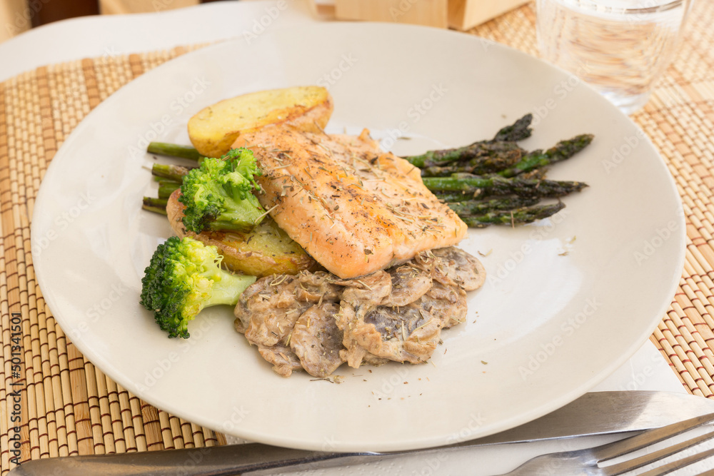 dish of fried river trout fillet with garnish of broccoli, asparagus sprouts and mushroom sauce