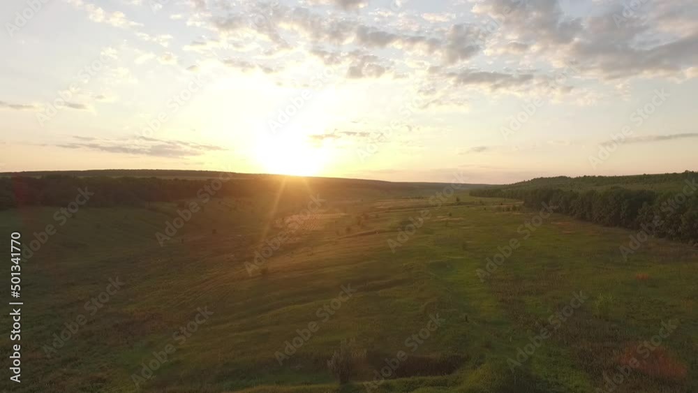 beautiful flight over a girl in a green meadow against the backdrop of sunset beautiful flight over a girl in a green meadow against the backdrop of sunset