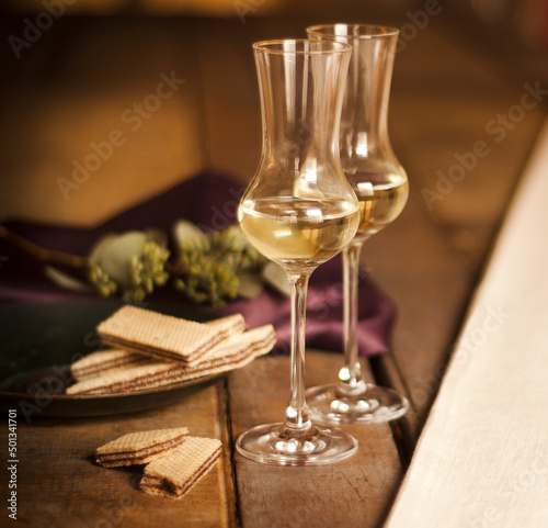 Grappa glasses with grappa brandy
