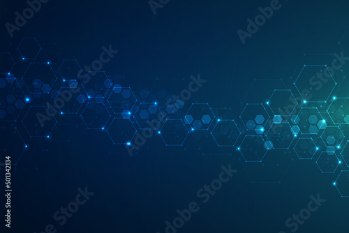 Hexagons pattern on blue background. Genetic research, molecular structure. Chemical engineering. Concept of innovation technology. Used for design healthcare, science and medicine background