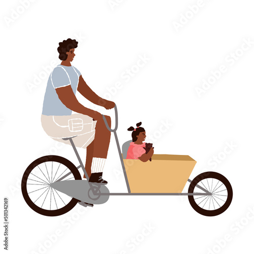 African American man riding a cargo cycle, bakfiets bike, his daughter sitting in the cart. Outdoor family pastime