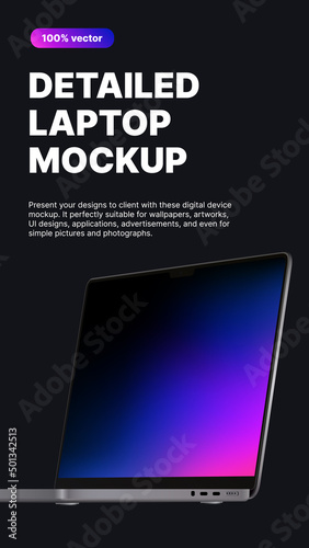Detailed Laptop Mockup. Vertical Banner Design, Realistic Screen Side View on Dark background. Vector illustration