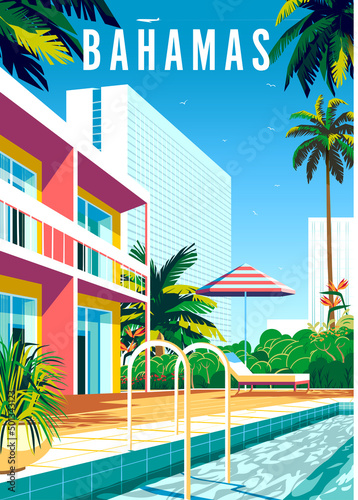 Bahamas travel poster. Beautiful landscape with houses, hotels, pool, palms and sea in the background. Handmade drawing vector illustration.
